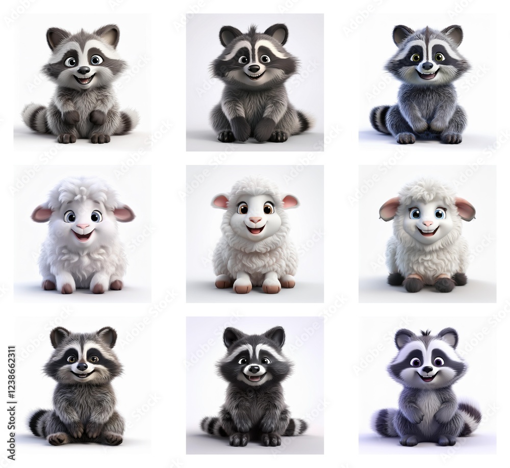 Obraz premium Adorable cartoon raccoons and lambs in various poses. Fluffy, cute, and charming, these digital illustrations are perfect for children's books or products.