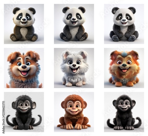 Wallpaper Mural Adorable 3D renderings of pandas, dogs, and monkeys.  Each animal is depicted in a cute, cartoonish style against a simple white background.  Variations in color and fur texture add visual interest. Torontodigital.ca