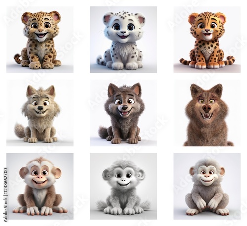 Wallpaper Mural Adorable 3D rendered baby animals:  leopards, snow leopards, wolves, and monkeys in various poses.  Cute, fluffy, and playful! Torontodigital.ca