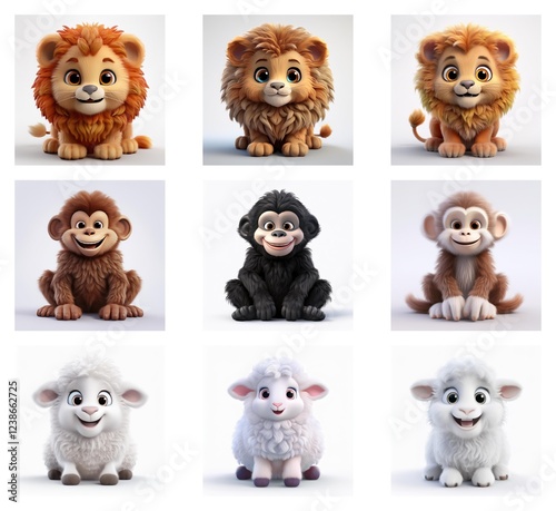 Wallpaper Mural Adorable cartoon baby animals, lions, monkeys, and lambs in various colors, sitting and smiling.  They are fluffy and cute. Torontodigital.ca