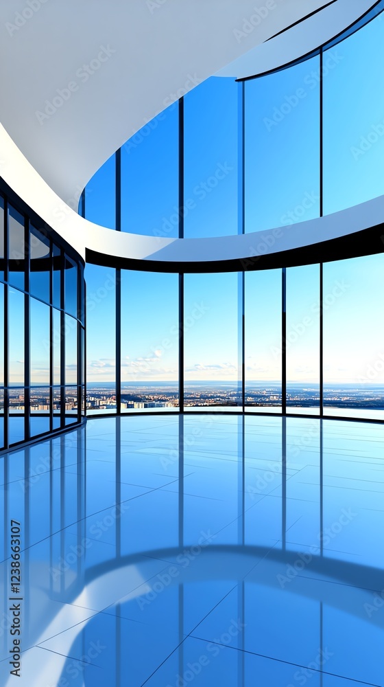 Fototapeta premium Architectural glass structure, cityscape reflection, 3D illustration