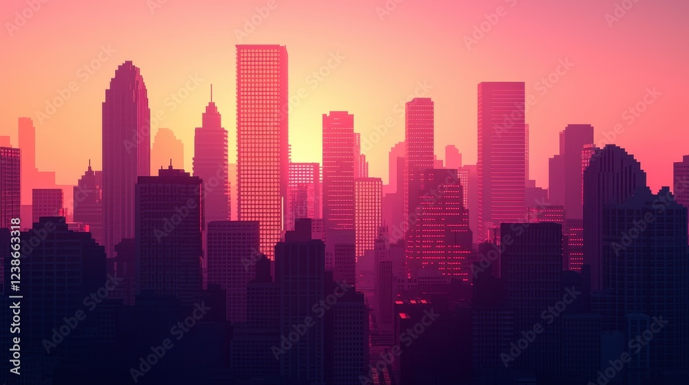 Fototapeta premium Vibrant City Skyline Silhouette Against Colorful Sunset Gradient