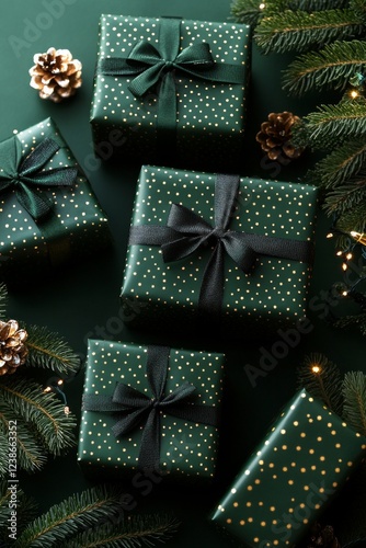 Wrapped gifts in dark green paper with gold polka dots are arranged among pine branches and cones, creating a festive atmosphere for the holidays