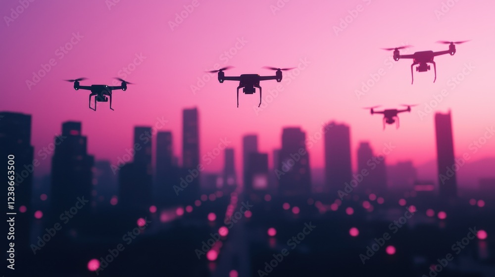Drones Flying Over City Skyline at Sunset with Pink Sky and Buildings Drones Flying Over City Skyline at Sunset with Pink Sky and Buildings