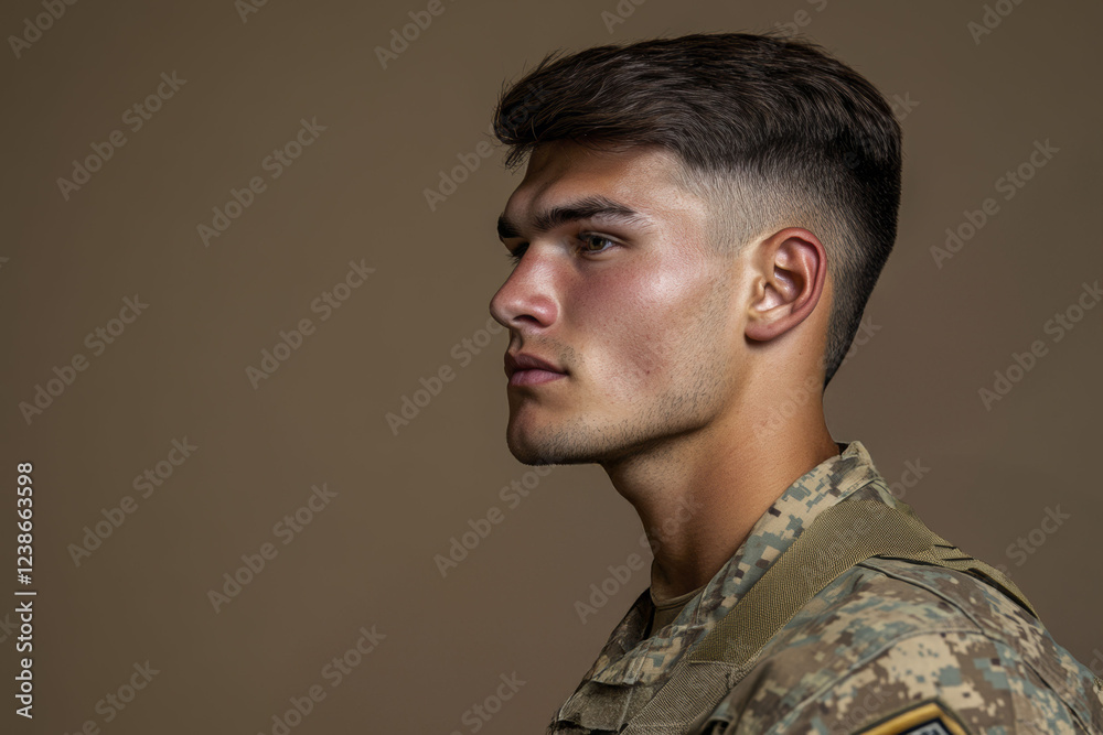 Soldier in camouflage uniform: side profile on brown background Soldier in camouflage uniform: side profile on brown background