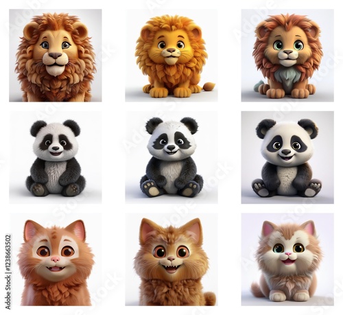 Wallpaper Mural Nine adorable cartoon animals: lions and pandas in different poses, plus fluffy ginger cats.  Sweet, playful, and charming digital art. Torontodigital.ca