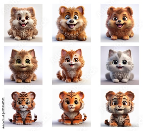 Wallpaper Mural Adorable digital art featuring three variations of fluffy cartoon puppies, kittens, and tiger cubs.  Each animal is depicted in a cheerful, seated pose. Torontodigital.ca