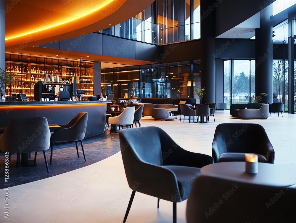 Obraz premium A cinematic hotel lobby with moody lighting, deep color tones, and velvet furniture, ultraHD, isolated on white background