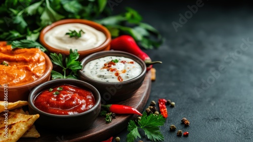 An inviting assortment of dips and sauces on a wooden platter, showcasing vibrant colors and textures that enhance the culinary experience for any gathering or event.