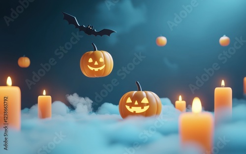 Spooky Halloween-themed background with floating pumpkins, candles, and a foggy space for customizable text