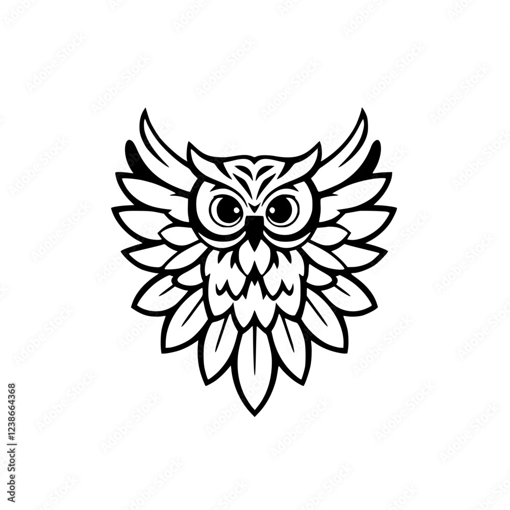 Fototapeta premium Majestic Owl with Spread Wings: Black and White Vector Illustration. Perfect for logo, symbol, or graphic design projects. A captivating image evoking wisdom and nature.