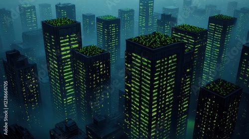 Futuristic Cityscape with Green Rooftops and Misty Atmosphere photo