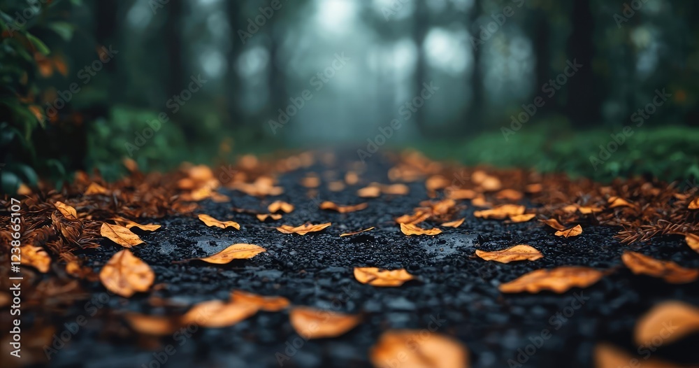 Morning mist nature concept. A tranquil forest path covered with vibrant autumn leaves in soft, diffused light. Morning mist nature concept. A tranquil forest path covered with vibrant autumn leaves in soft, diffused light.