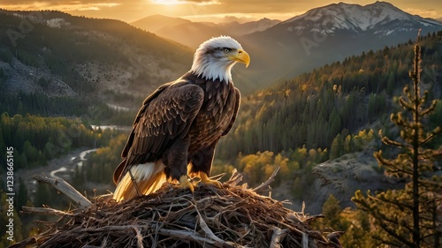 Majestic Eagle Sitting on Its Nest with Sunlight Glowing Around
 photo