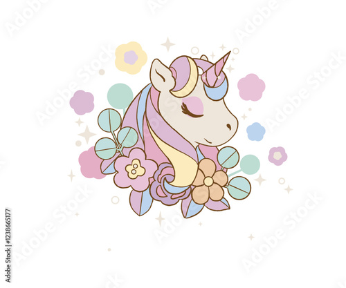 Süßes Einhorn mit bunten Blumen