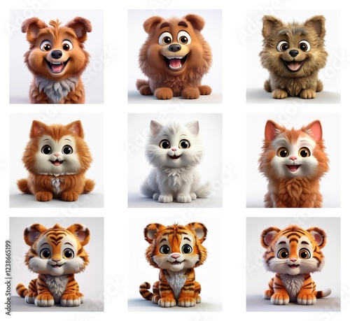Wallpaper Mural Nine adorable cartoon animals dogs, cats, and tiger cubs sit and smile.  Each is fluffy and rendered in a charming, friendly style, perfect for children's books or animation. Torontodigital.ca
