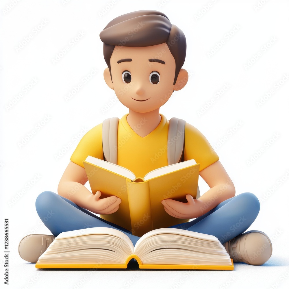 Student sitting on the floor with an open book and highlighter, deeply focused on studying, isolated on white background Student sitting on the floor with an open book and highlighter, deeply focused on studying, isolated on white background