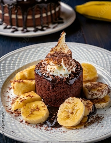 Luxurious Chocolate Cake with Fresh Bananas, Blueberries, and a Drizzle of Chocolate Syrup