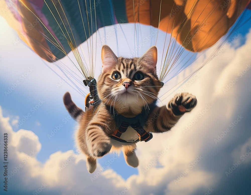 Obraz premium パラシュートで空を飛ぶ猫