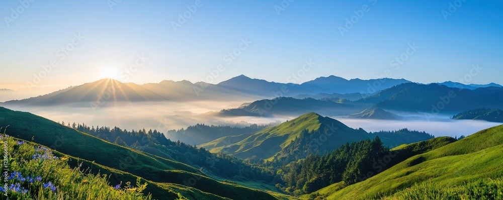 Fototapeta premium Morning mist nature concept. Breathtaking sunrise over rolling green hills and misty valleys in the mountains.