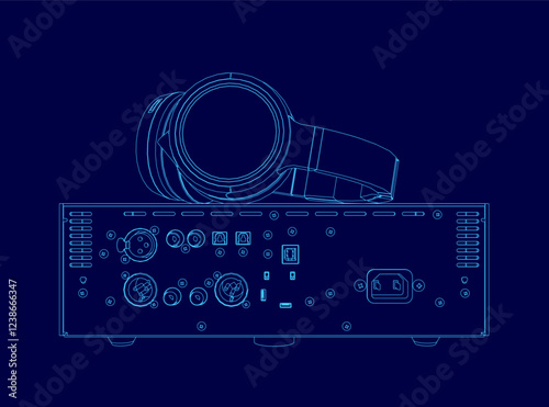 A blue drawing of a pair of headphones and a speaker. The headphones are placed on top of the speaker, with the speaker being the main focus of the image