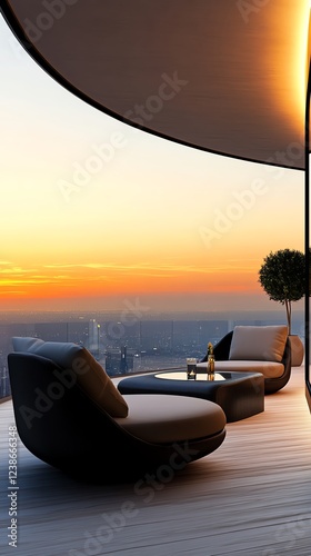 A highend luxury balcony with designer furniture, city view, and golden sunset hues, photorealistic, isolated on white background