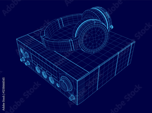 A blue image of headphones and a speaker. The headphones are placed on top of the speaker, creating a sense of depth and dimension