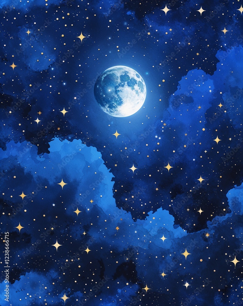 Naklejka premium Royal blue with crescent moon shining over a scattered star field abstract background