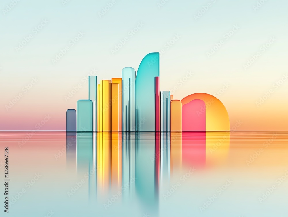 Fototapeta premium Glass building, artistic reflections of modern city, 3D illustration