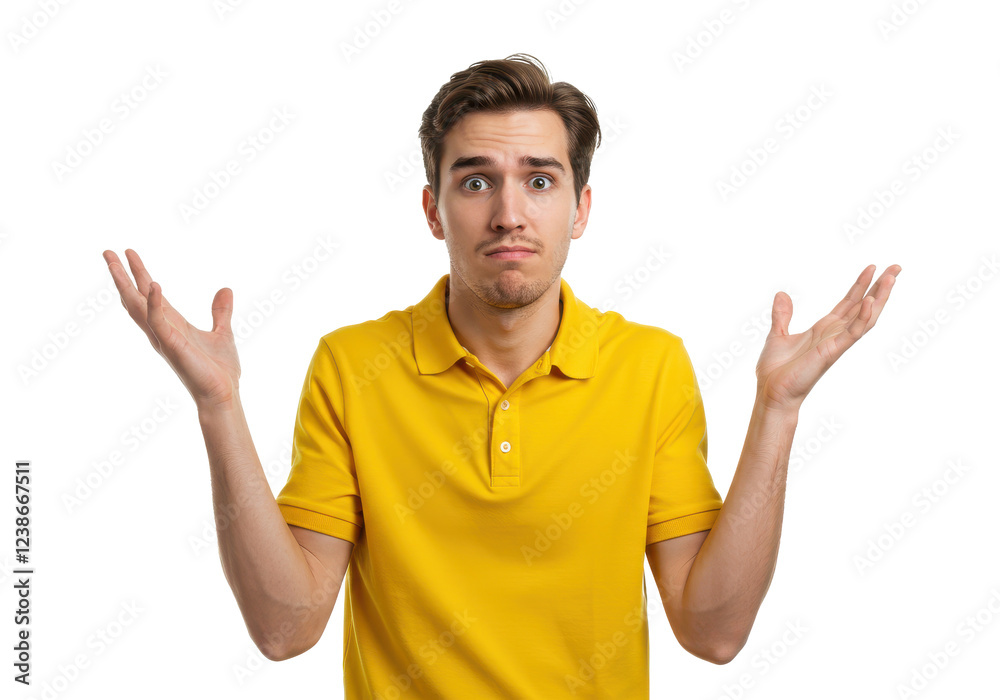 Man in a yellow shirt with arms raised in a confused gesture, isolated on white background Man in a yellow shirt with arms raised in a confused gesture, isolated on white background