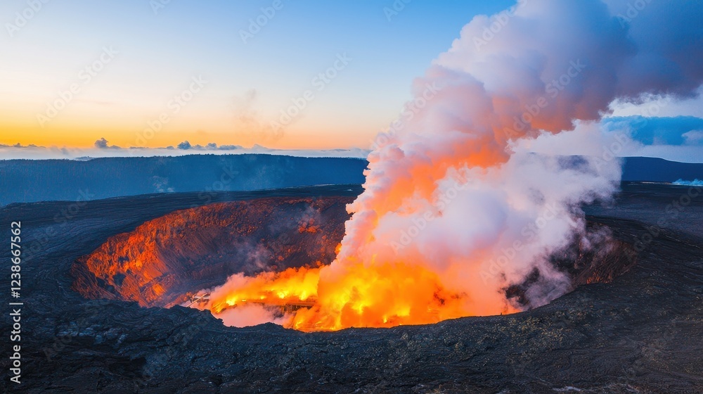 Fototapeta premium Erupting Volcano at Sunrise with Vibrant Lava and Billowing Smoke