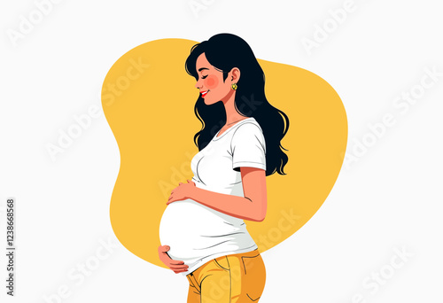 Flat vector art of a smiling pregnant woman, holding her belly, using yellow, white colors, black long hair and earring, wearing casual clothes with a bright horizontal line.
 photo