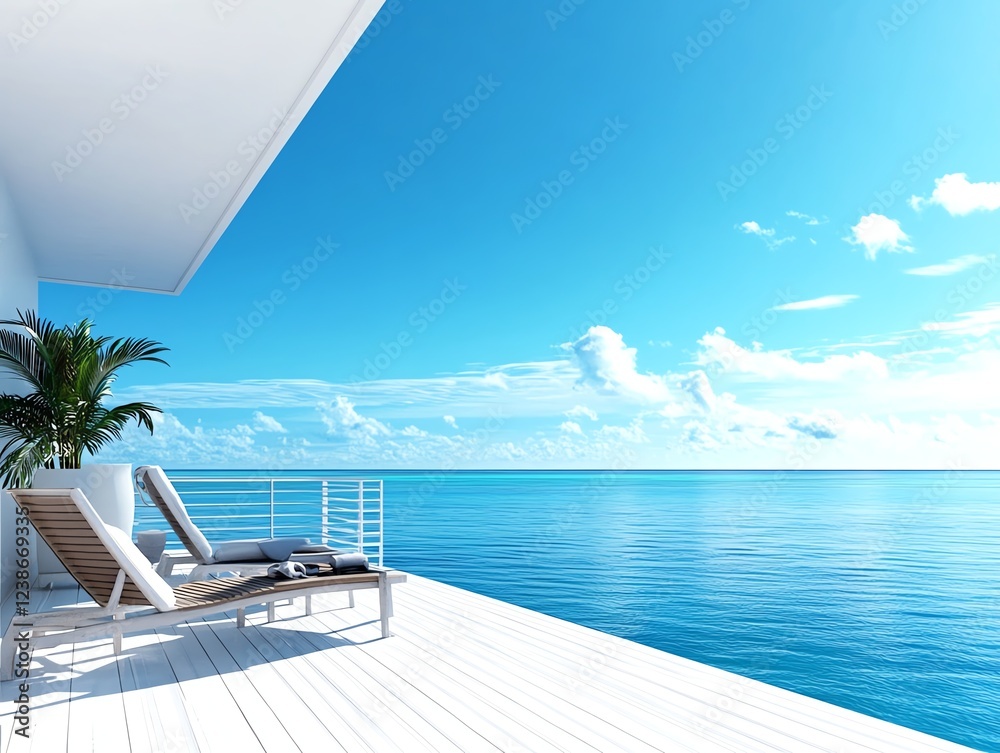 Fototapeta premium Luxury balcony, oceanfront view, 3D illustration