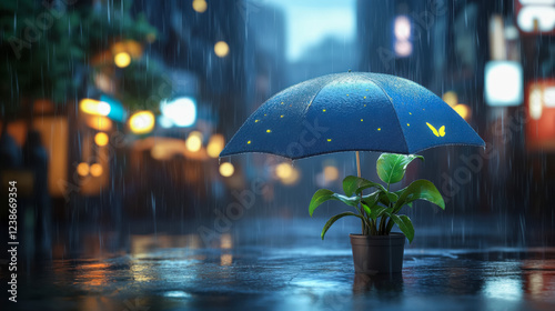 Wallpaper Mural Rainy night scene with umbrella and plant urban setting digital art serene mood Torontodigital.ca