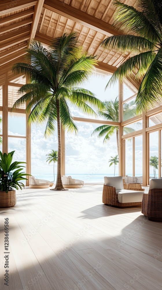 Fototapeta premium A tropical resort hotel lobby with openair concept, palm trees, and natural wood finishes, hyperdetailed, isolated on white background
