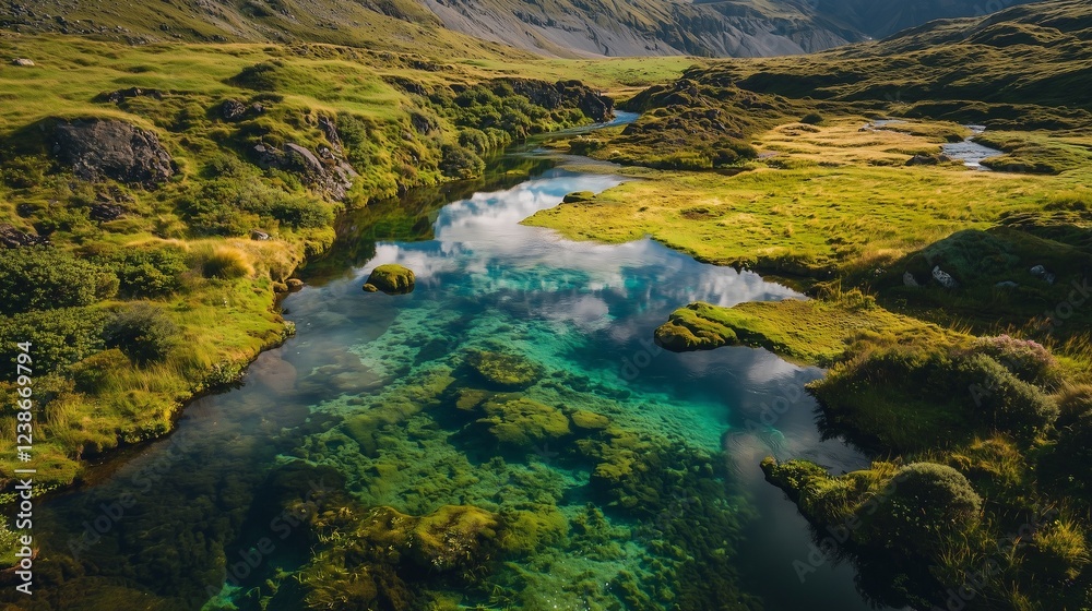 Tranquil Beauty of a Crystal-Clear River in a Lush Valley Tranquil Beauty of a Crystal-Clear River in a Lush Valley