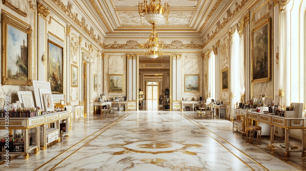 Fototapeta premium Elegant Grand Hall Interior with Exquisite Artwork and Marble Floor