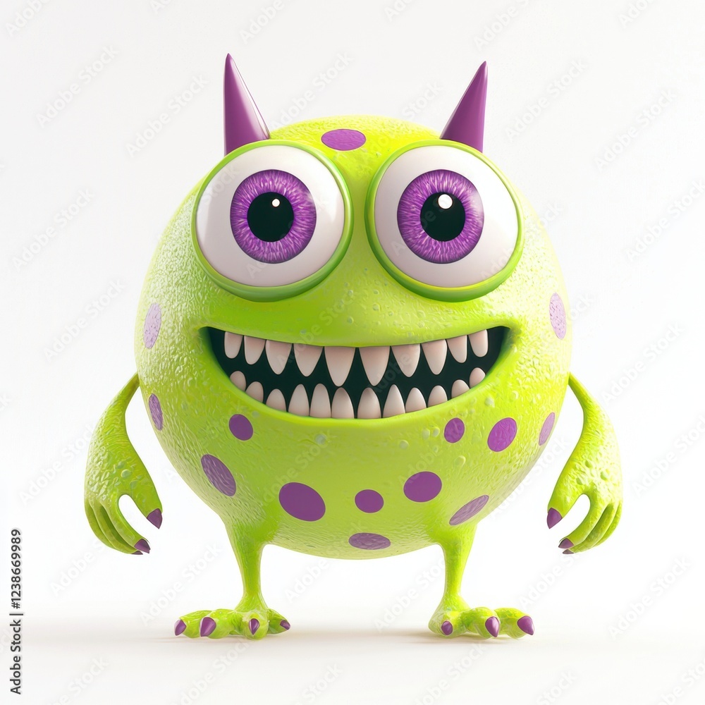 Fototapeta premium Three-eyed lime-green monster with purple polka dots and a mischievous grin, isolated on white background