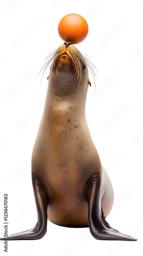 Fototapeta premium A playful sea lion balancing a ball on its nose, set against a white background. Transparent background