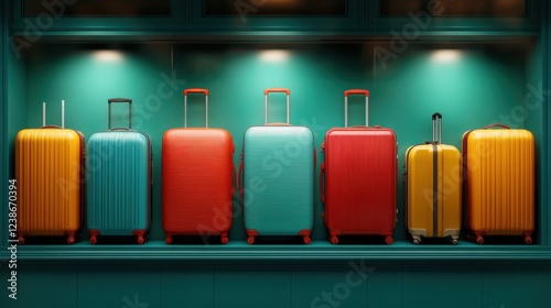 An arranged display of modern suitcases in bright colors, exemplifying travel essentials that blend functionality with style for the modern traveler on the go. photo