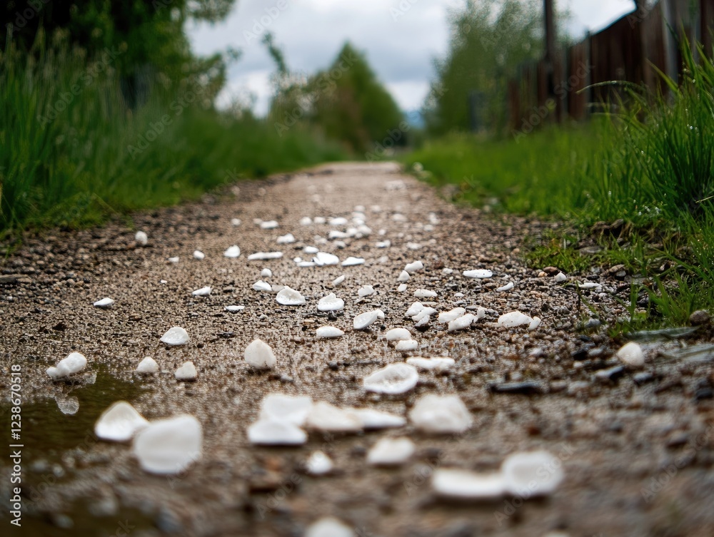 A path scattered with flower petals after a gentle spring rain leads into the distance