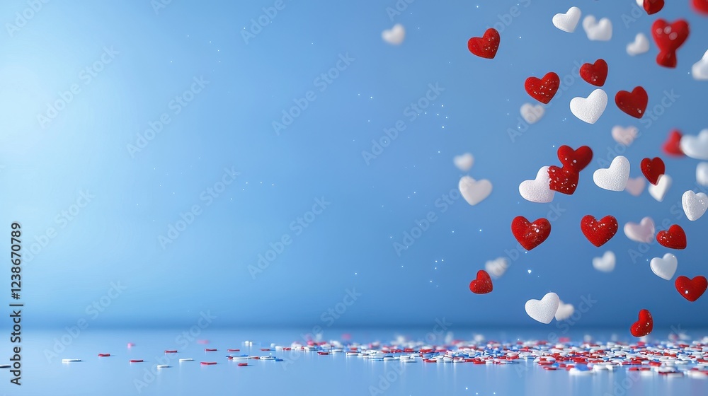 A cluster of red and white hearts floating in the air against a plain background A cluster of red and white hearts floating in the air against a plain background