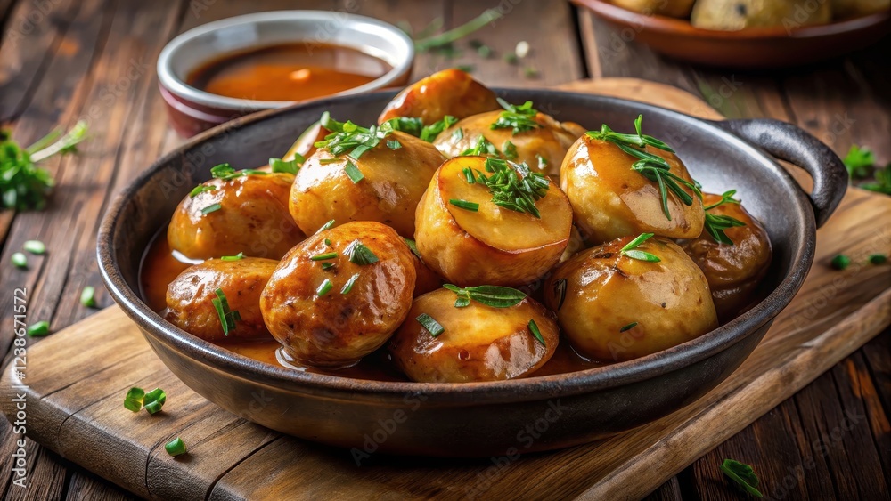 Steaming hot potatoes with perfectly golden brown skin and crispy edges, topped with a rich and savory gravy that's been reduced to a deep, velvety sauce , roasted potatoes, golden brown Steaming hot potatoes with perfectly golden brown skin and crispy edges, topped with a rich and savory gravy that's been reduced to a deep, velvety sauce , roasted potatoes, golden brown