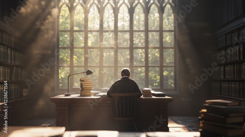 Scholar researching at antique desk, library window