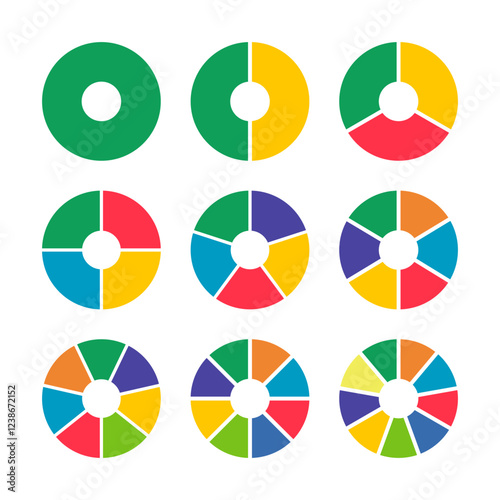 Donut charts. Pizza, pie segmented on from 1 to 9 equal parts. Diagrams infographic multicoloured. Circle section graphs. Wheels divided in sections. Charts round icons layout. Loading bar mockups.