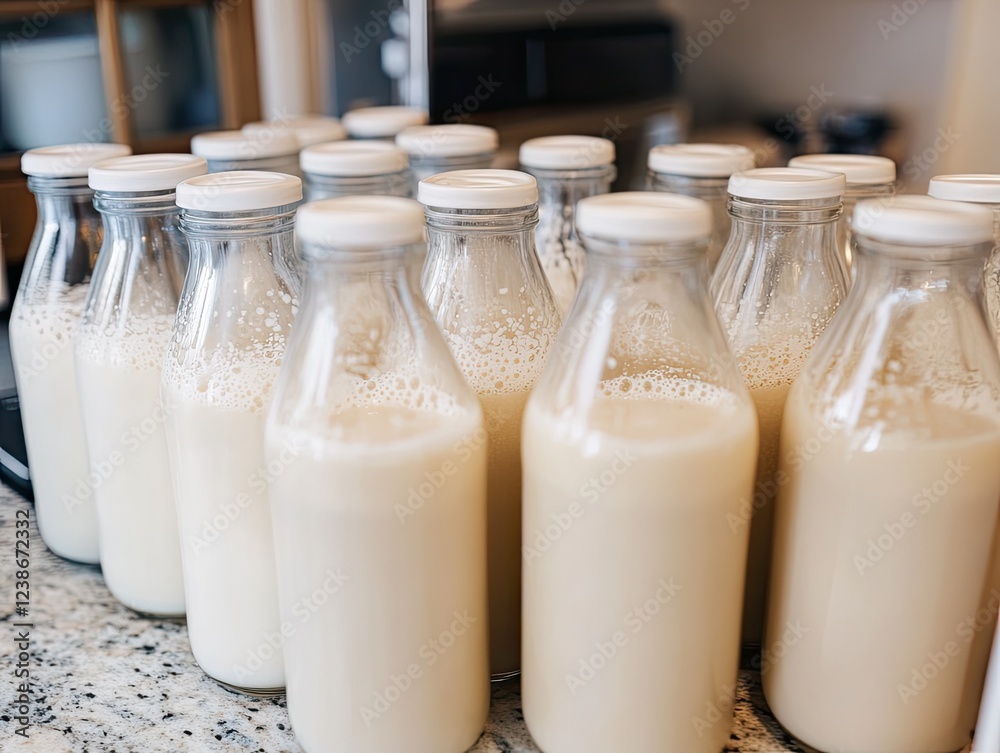 Fresh milk bottled in clear glass bottles on a speckled granite counter top Fresh milk bottled in clear glass bottles on a speckled granite counter top