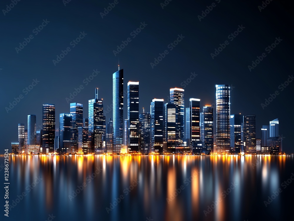 Obraz premium Night city skyline, illuminated corporate offices, 3D illustration