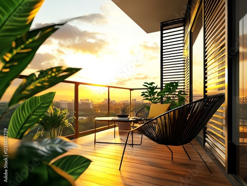 Cozy balcony with plants, scenic sunset view, 3D illustration photo