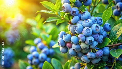Sunlit Clusters of Ripe Blueberries on a Lush Green Bush
