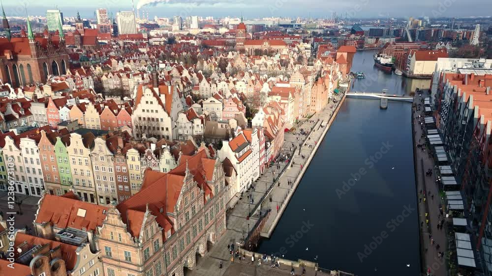 aerial flyover of gdansk city center during daytime in winter in poland